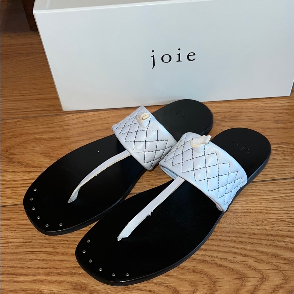 Joie Black and White Quilted Leather Slide Sandals